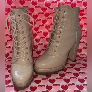 Liliana Nude Patent Platform Lace Up Bootie